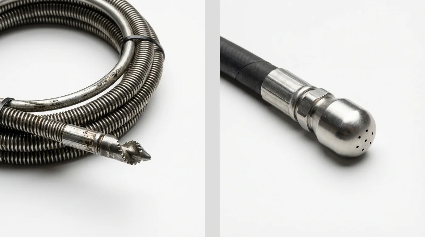 Drain snake cable and hydro jetting nozzle used for drain cleaning in Leoti, KS