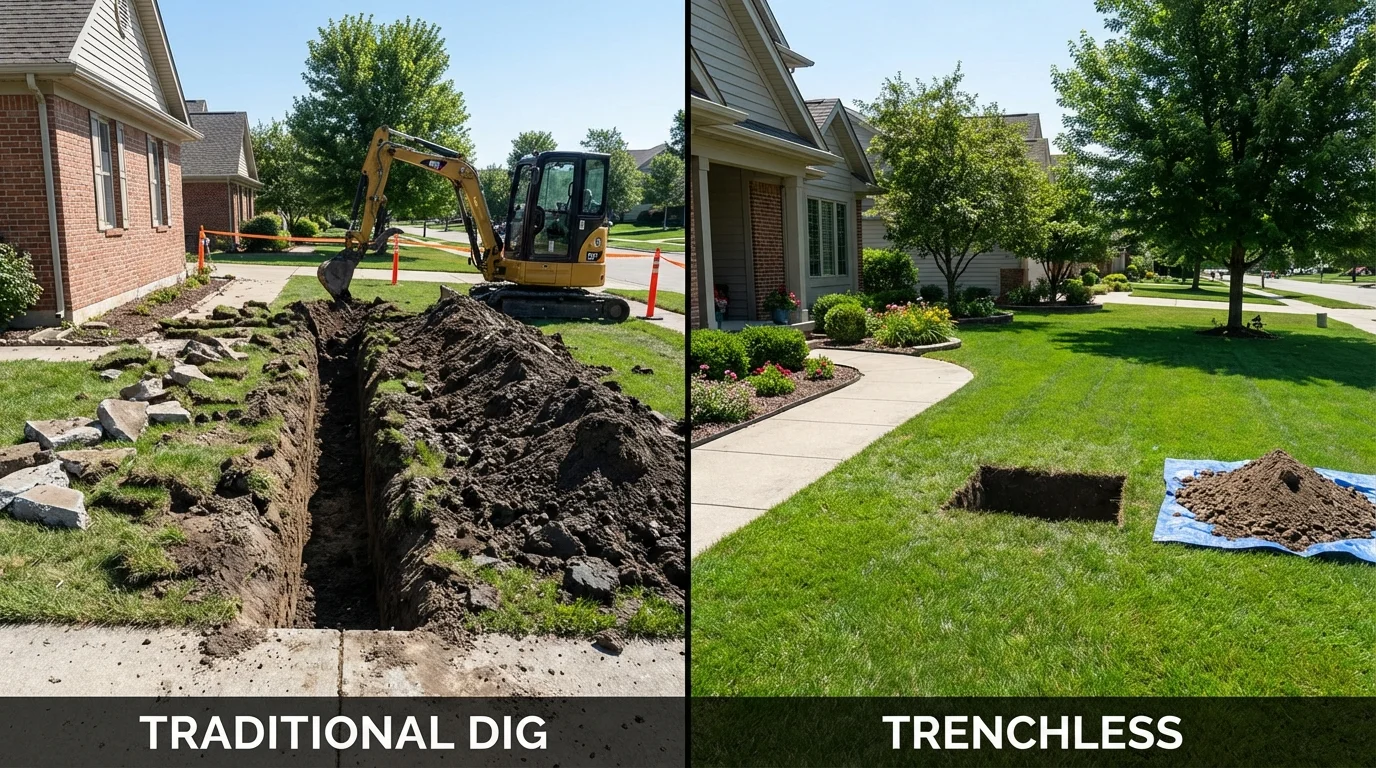 Trenchless sewer repair with minimal yard damage versus traditional excavation in Leoti, KS