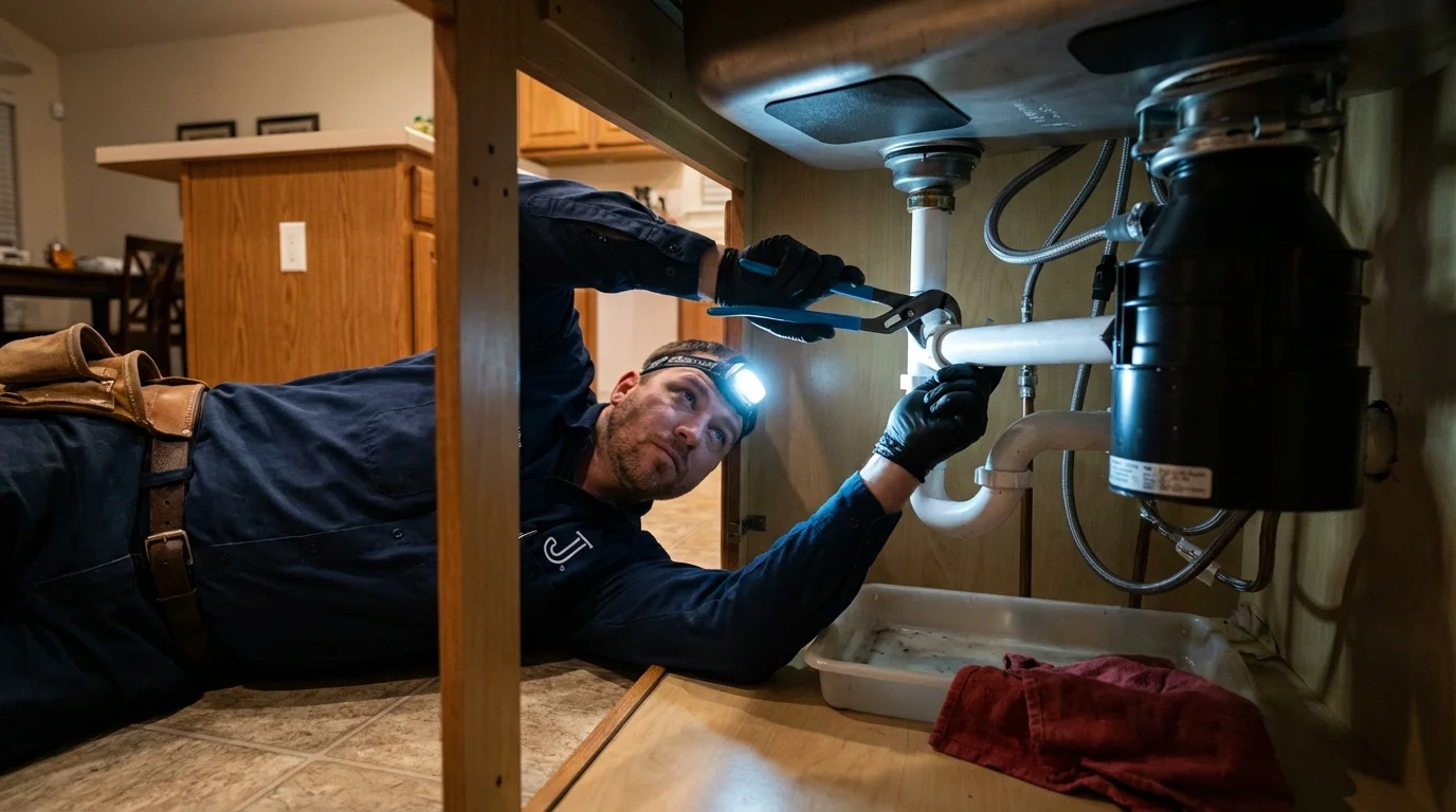P-trap and supply line connections under a kitchen sink showing a common leak point in Leoti, KS